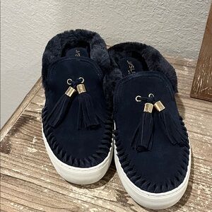 J/SLIDES Navy Blue Suede Tassel Slip Ons with faux fur